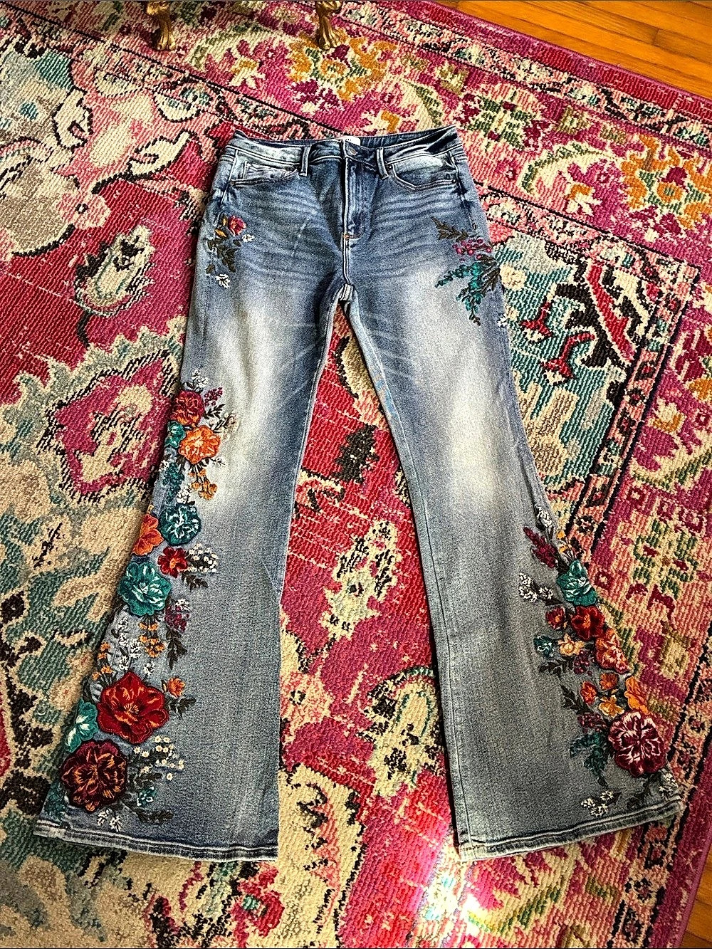 Driftwood x Free People Farrah Fall Flowers Embroidered Flare Jeans 29 - Picture 2 of 9